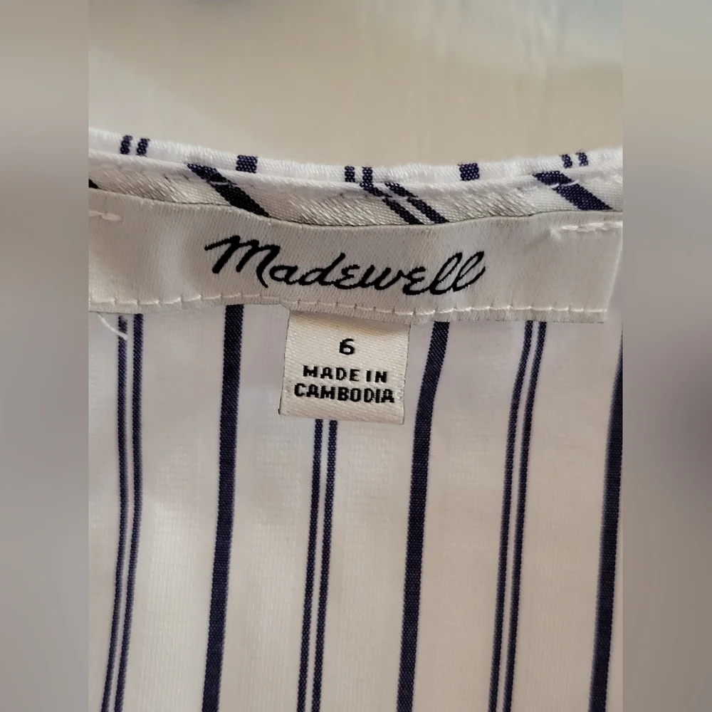 Madewell Puff Sleeve Cotton Button-Up Blouse Top Blue White Stripe Size 6